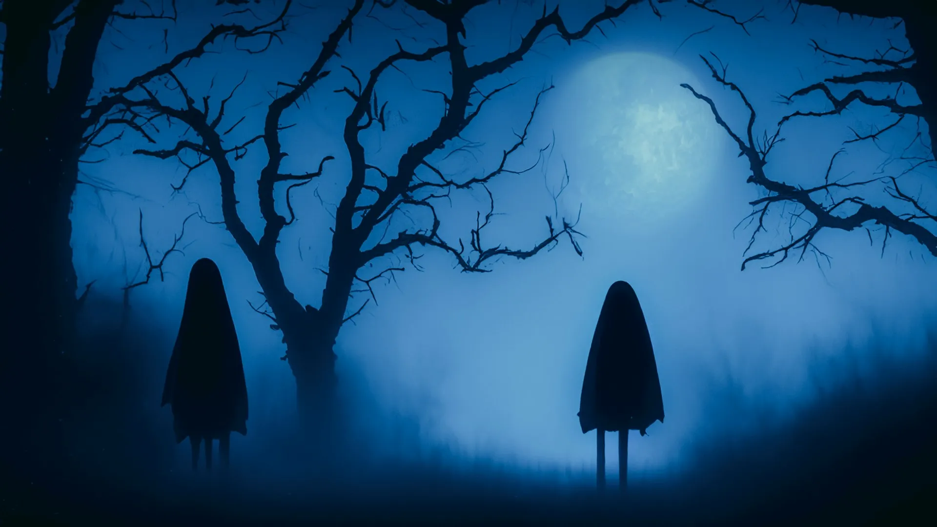 a-couple-of-trees-standing in the middle of a foggy forest